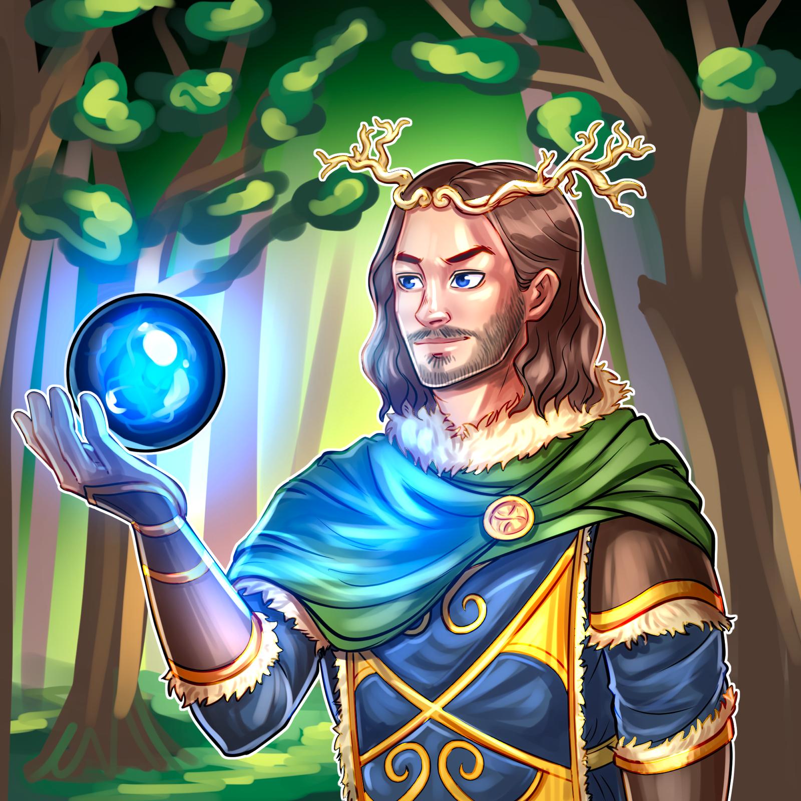 Druvara druid character holding a glowing blue orb in a forest